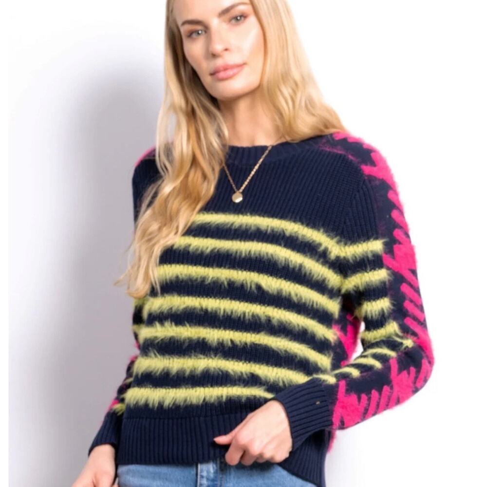 Central Park West NY Navy Neon Pink Yellow Stripe Houndstooth Sweater Women S